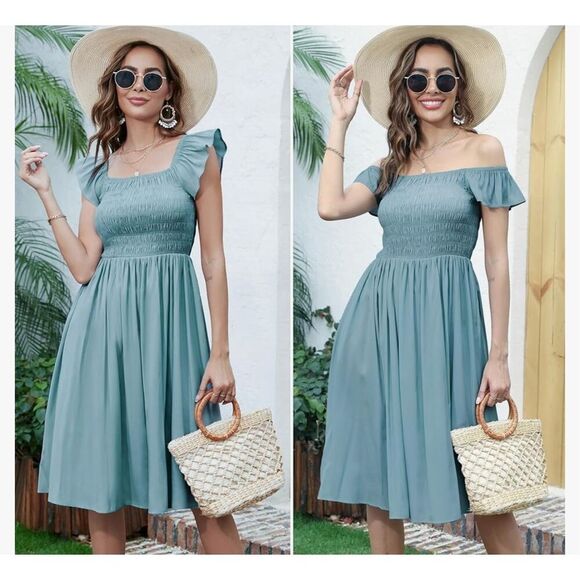 NEW Simier Fariry Smocked Knee Length Travel Casual Dress Pockets L - Picture 5 of 8